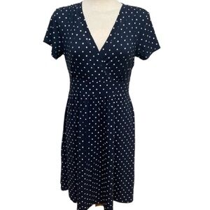 NEW L.L. Bean Navy White Polka Dot V Neck Dress Women's Size Medium Petite